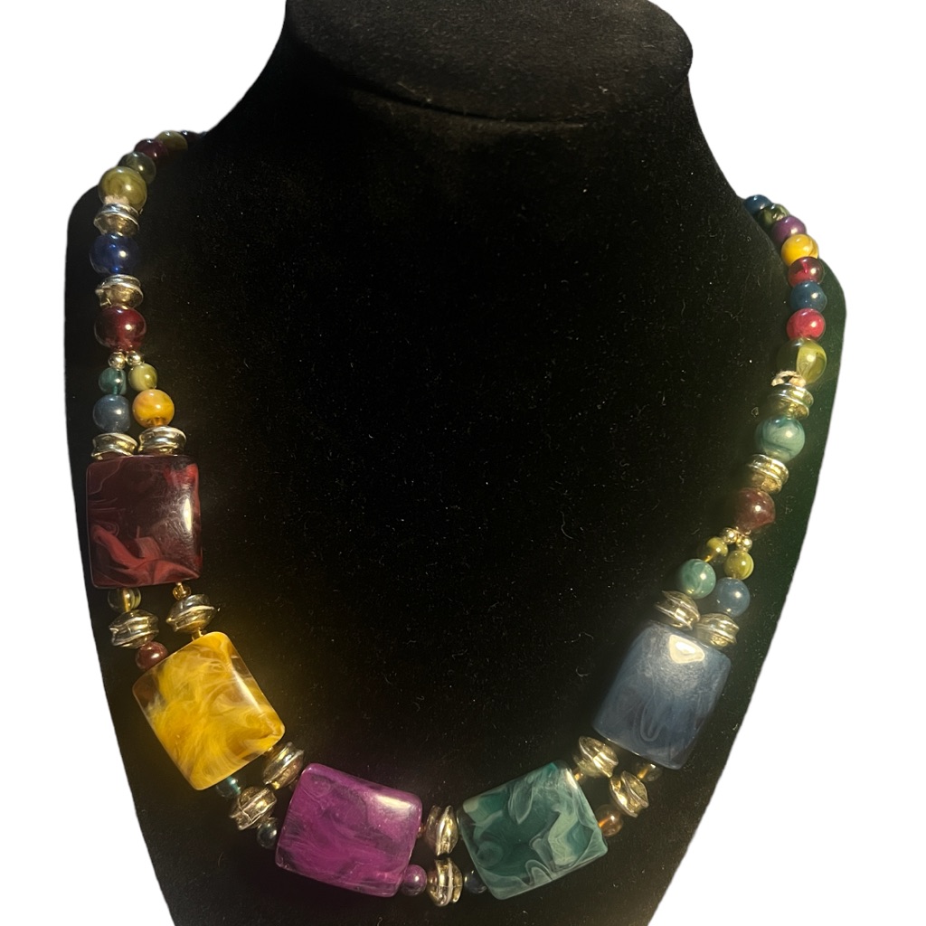 Colorful Lucite Beaded Necklace With Gold Accents